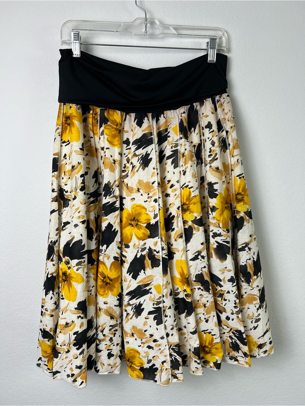 Carole Little Linen Rayon Yellow Floral A-line Skirt Boho Hippie Vacation Office